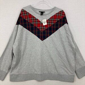 New Ashley Sport size 22/24 Gray Red Plaid Stretch Knit Pullover Sweatshirt